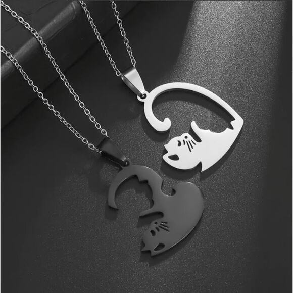 Stainless Steel Cat Yin Yang Couple Necklaces 20 Inch Chain Matching Set NWT - Picture 4 of 5